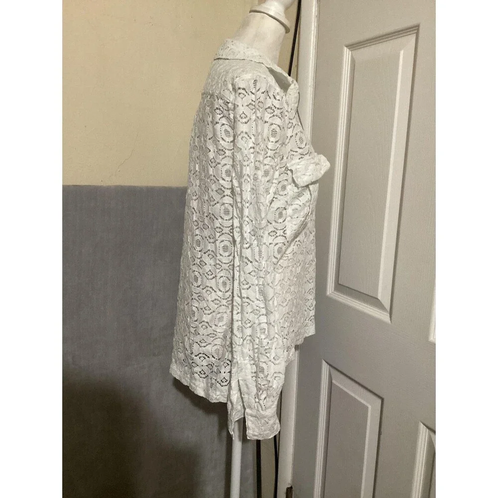 BCBGMAXAZRIA Lace Half Zip Shirt Womens Small White Sheer Collared Long Sleeve - Picture 3 of 7